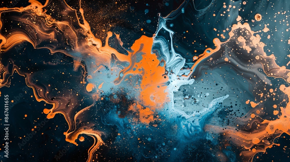 Poster abstract orange and blue splash background with copy space – dynamic and vibrant colorful texture, i