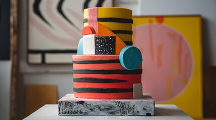 Vibrant Abstract Cake Art with Bold Colors and Geometric Shapes