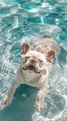 Adorable French Bulldog enjoying a refreshing swim in a clear blue swimming pool, capturing a perfect summer moment of relaxation and joy.