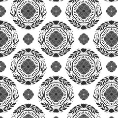 Geometrical black and white pattern with flowers. Print for greeting card, wrapping paper, textile, wallpaper and invitation background.