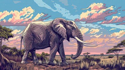 An African elephant walks through the savannah under a vibrant sky filled with pastel clouds and colors.