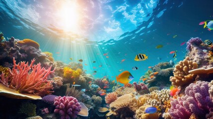 Obraz premium Brightly colored coral reefs teem with colorful tropical fish beneath the sunlit waters. beauty under the sea Underwater ecosystem