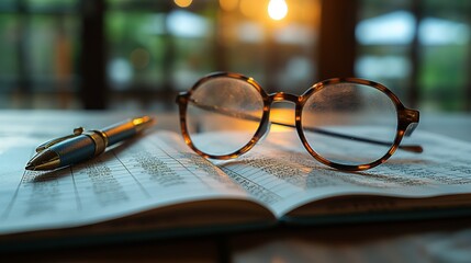 Close-up of Round Glasses and Pen on Open Book