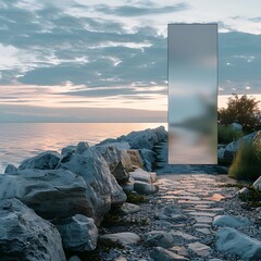 Rocky seaside pathway featuring a sleek thin blank billboard, ideal for outdoor advertising.
