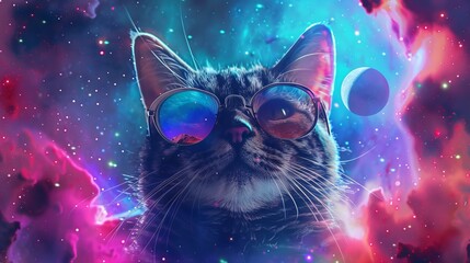 Ai illustration of a cat wearing eyeglasses in a colorful space background with stars and planets,...