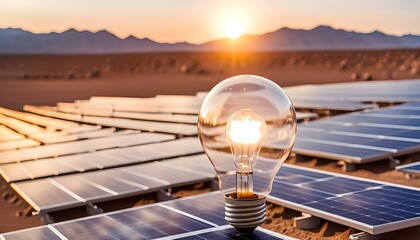 Concetto di energia verde e rinnovabile, lampadina, lampadine accesa in un contorno di pannelli solari e deserto assolato