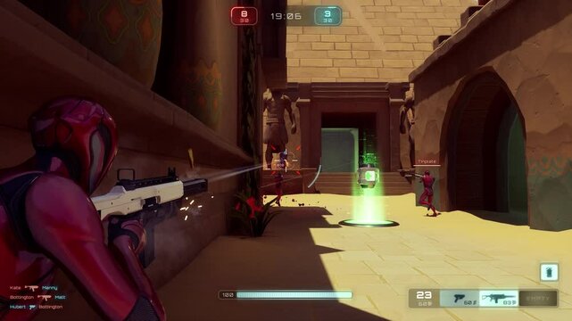 CGI footage of gameplay in third person shooter multiplayer videogame. Team of red androids with machine guns running around arena, grabbing weapons, powerups, killing enemy players and NPCs together