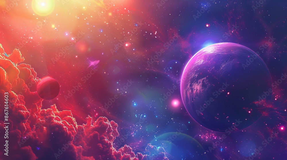 Aufkleber surreal alien planet and space abstract background with retro neon circles, psychedelic design in vi