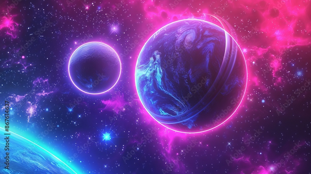 Aufkleber surreal alien planet and space abstract background with retro neon circles, psychedelic design in vi