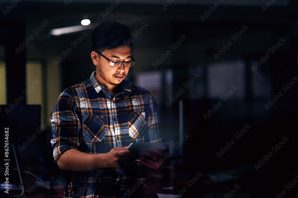 Poster business, night and man with tablet, typing and graphic designer with deadline, schedule and online 