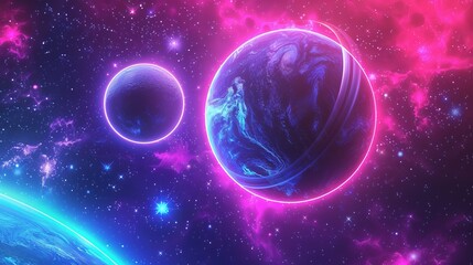 Obraz premium Surreal alien planet and space abstract background with retro neon circles, psychedelic design in vibrant colors, perfect for desktop wallpapers, futuristic sci-fi art, and creative space illustration
