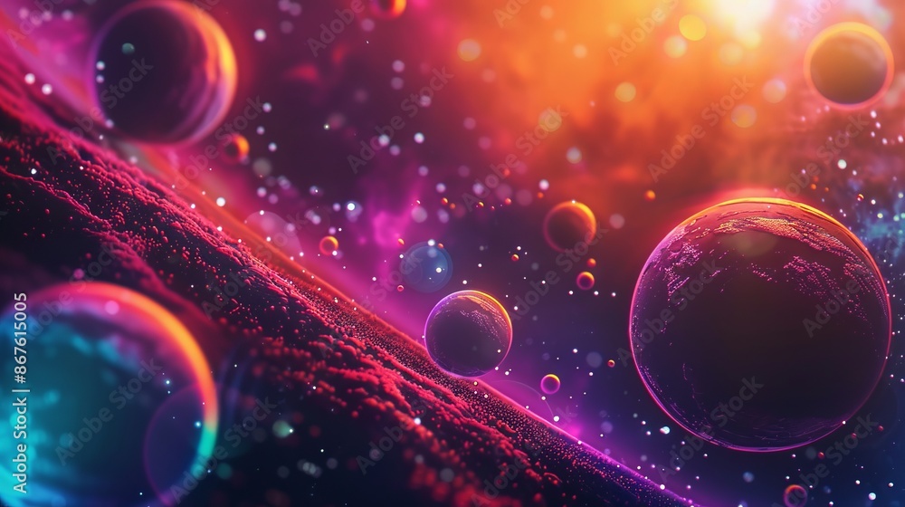 Poster surreal alien planet and space abstract background with retro neon circles, psychedelic design in vi