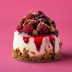 Delicious creamy cheesecake topped with fresh raspberries, cherries, and a berry sauce.  Sweet treat for dessert.
