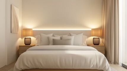 Fototapeta premium Modern Bedroom Interior Design With White Bedding and Warm Lighting
