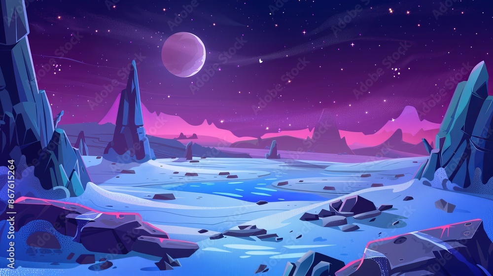 Wall mural extraterrestrial alien planet landscape with rocks, frozen pond, and glowing stars under night sky -