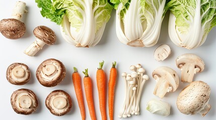 Assorted vegetables for Shabu, featuring cabbage, mushrooms, and carrots, laid out on a white background
