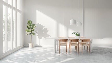 Fototapeta premium Modern White Dining Room With Sunlight and Plants