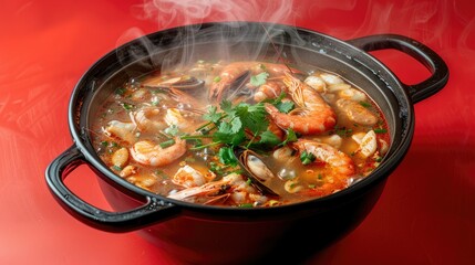 Boiling hot pot of mixed seafood soup, with spicy broth and seafood, isolated on red