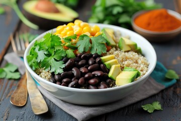 Healthy quinoa salad bowl with black beans, corn, avocado, and cilantro on a dark wooden table. Nutritious vegetarian meal.