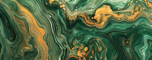 Abstract green and gold marble pattern, fluid art