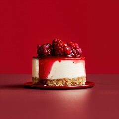 Close-up of a mini cheesecake with raspberry sauce and fresh raspberries. Delicious dessert on red background.