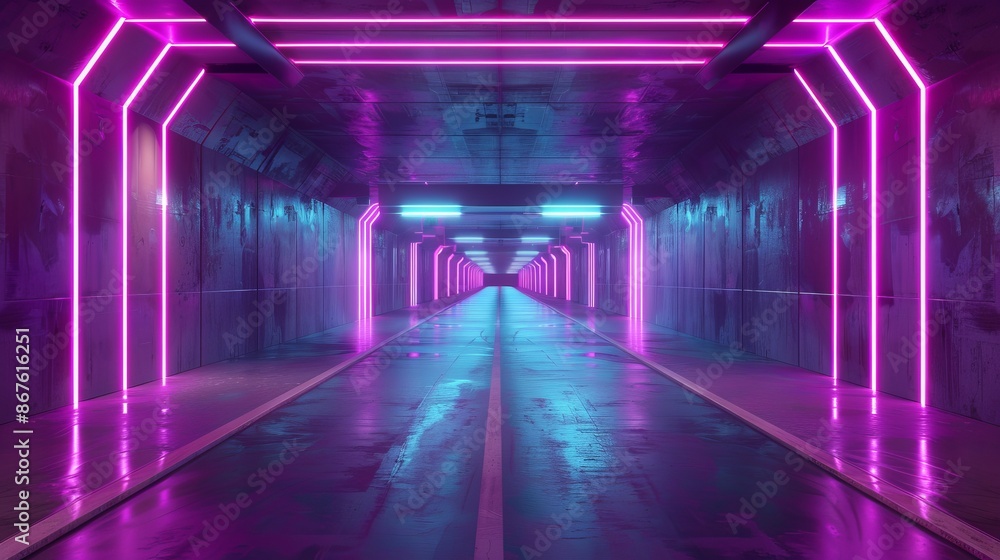 Aufkleber futuristic empty neon glowing background with high-tech lines and abstract geometric patterns in spa