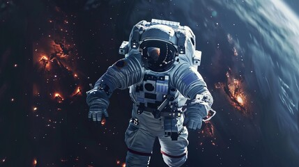 Fototapeta premium Space astronaut in deep space performing spacewalk with stunning cosmic art background, featuring science fiction elements, beauty of the universe, and billions of galaxies twinkling in the distance