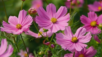 Obraz premium Cosmos flowers with pink petals, blooming gracefully in a well-maintained garden environment