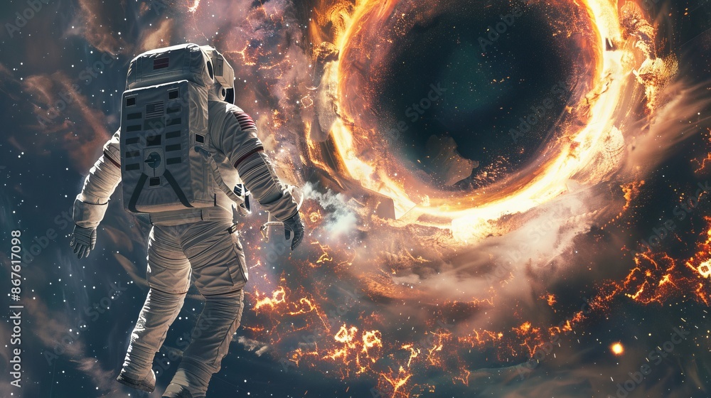 Wall mural astronaut exploring cosmic mysteries: space explorer in front of a majestic black hole in the univer