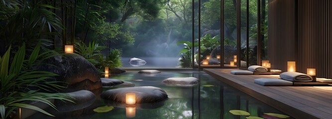 Obraz premium 4. Visualize a serene spa concept showcasing perfectly placed massage stones, neatly folded towels, and glowing candles amidst a backdrop of serene natural surroundings, inviting viewers to indulge