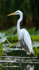 Obraz premium The great egret is a majestic sight as it stands amidst the water lilies.
