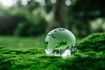 Crystal globe glass on green moss in forest to protect nature Save and care World for sustainable. concept of the environment ecology and Earth Day. eco environment and ESG concept..