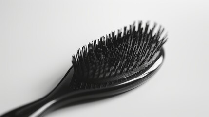 Black plastic hairbrush rests on a white surface, with the handle reaching out towards the viewer