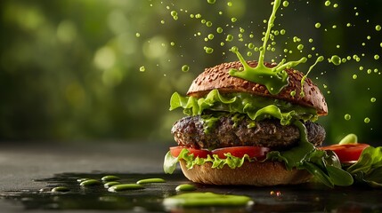 Close-up of a Juicy Gourmet Burger with Fresh Green Sauce Splashing