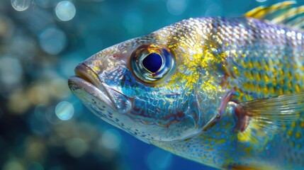 Obraz premium Fresh fish close-up, displaying glistening scales, vibrant colors, and clear, sparkling eyes
