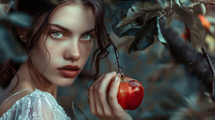 beautiful girl - model bites an apple that hangs on a tree