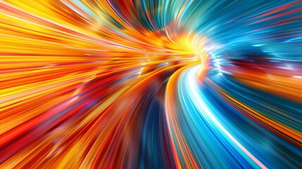 Obraz premium Abstract colorful background with light speed effect, colorful streaks of lights in the shape of curved tunnel or corridor. Abstract digital art for design element, futuristic technology concept. 