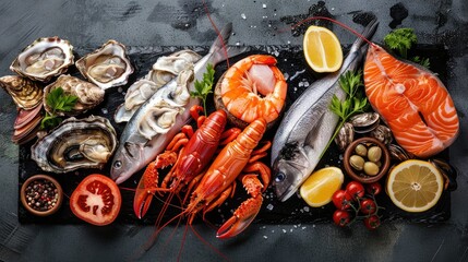 Gourmet seafood assortment including fish, crustaceans, oysters, and mussels on black stone