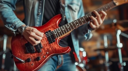 Fototapeta premium Close-up Guitarist Playing Red Electric Guitar During Indoor Concert