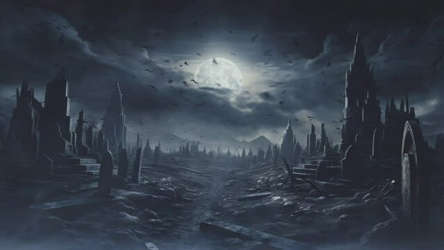 A full moon illuminates a desolate graveyard filled with crumbling tombstones and ancient ruins