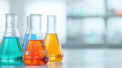 Laboratory glassware with colorful chemical reactions, precise measurements, chemistry research, high-tech lab