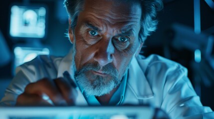 Senior Man with Serious Expression Looking at a Computer Screen