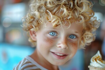 Adorable Child Eating Ice Cream - Cute Blond Boy Enjoying a Delicious Frozen Dessert on a Summer Day