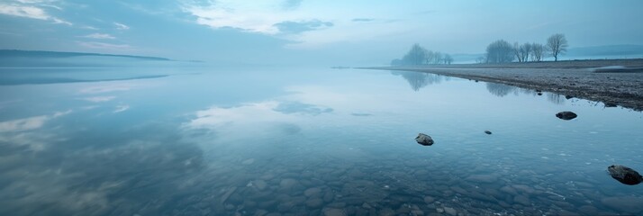 Naklejka premium marshland shallow water panoramic view with morning mist fog , beauty nature landscape 