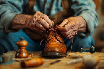 Closeup of senior man tying shoelaces