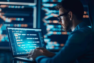 Programmer working late at night on a laptop