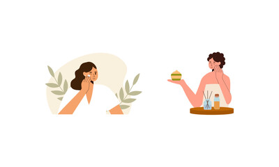 Women enjoy skin care routine at home illustration