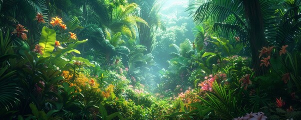 Fototapeta premium A dense rainforest teeming with exotic flora and fauna, its vibrant colors and sounds creating a symphony of life.