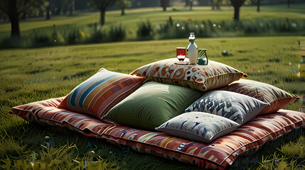 Create an illustration of a cozy reading nook filled with a bunch of colorful, patterned pillows