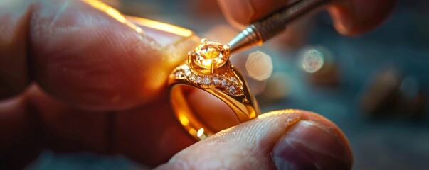 Jeweler Working on a Gold Ring with a Diamond